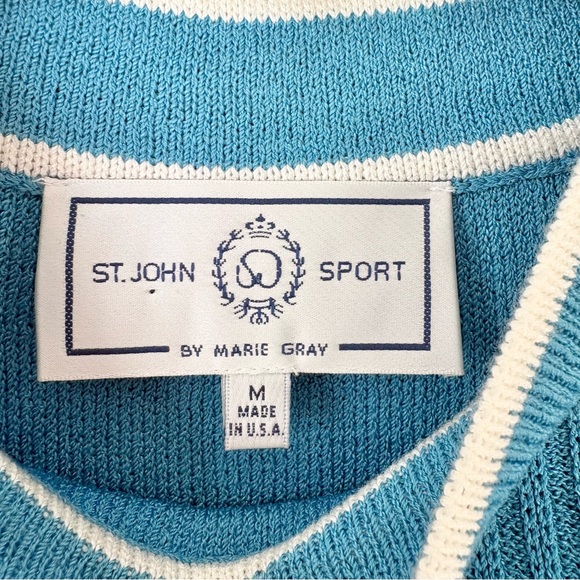 St John Sport Light Blue Mock Neck Ribbed Short Sleeve Sweater - Picture 5 of 8
